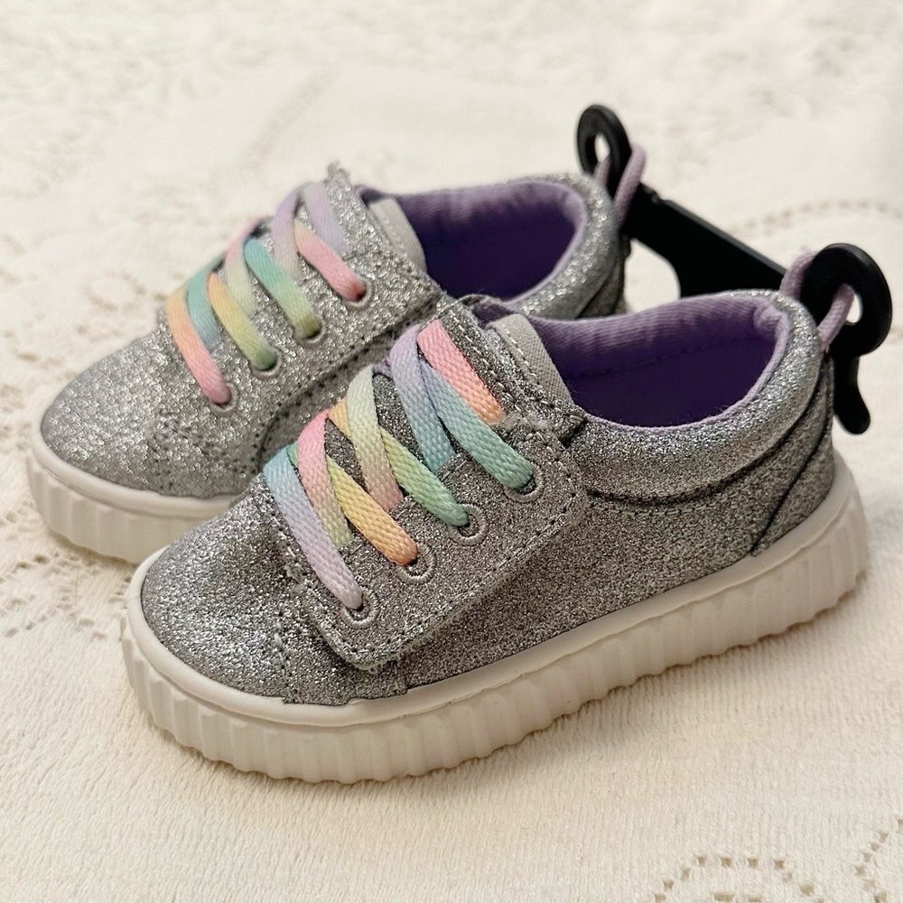 Wonder Nation Sparkly Silver Baby Girl’s Size 5 Sneakers Pastel Rainbow Laces